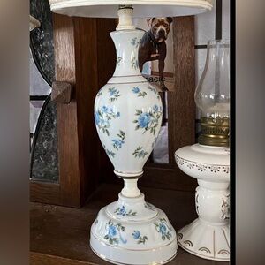 Vintage 1960s pair of Floral porcelain Table Lamps with tiny Blue floral Accents